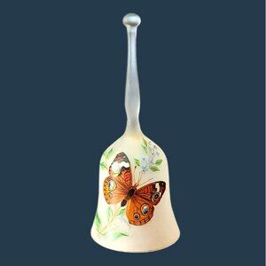 Vintage Viking Glass White Satin Hostess Bell Buckeye Butterfly Floral Details